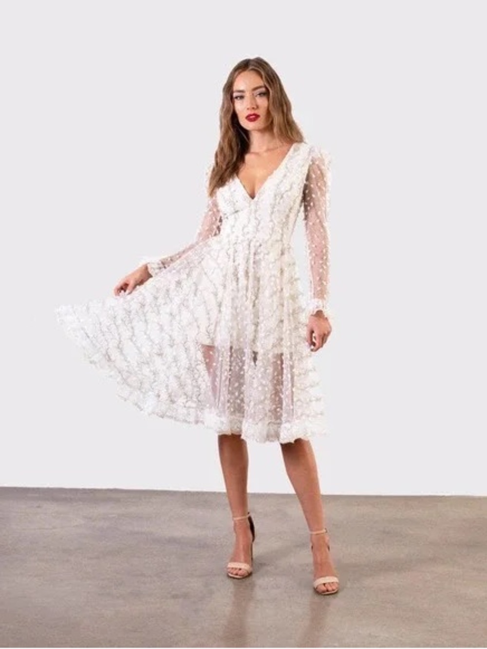 Open-Back Sheer White Midi Dress with Embellished Overlay - Picture 2 of 10